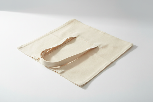 plain canvas tote bag on white background, soft natural light, minimal product photo, gentle shadow, photographed from above at a slight angle, no logo or text