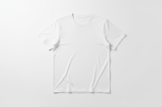 Plain white T-shirt, front, on a neutral white background, soft studio lighting