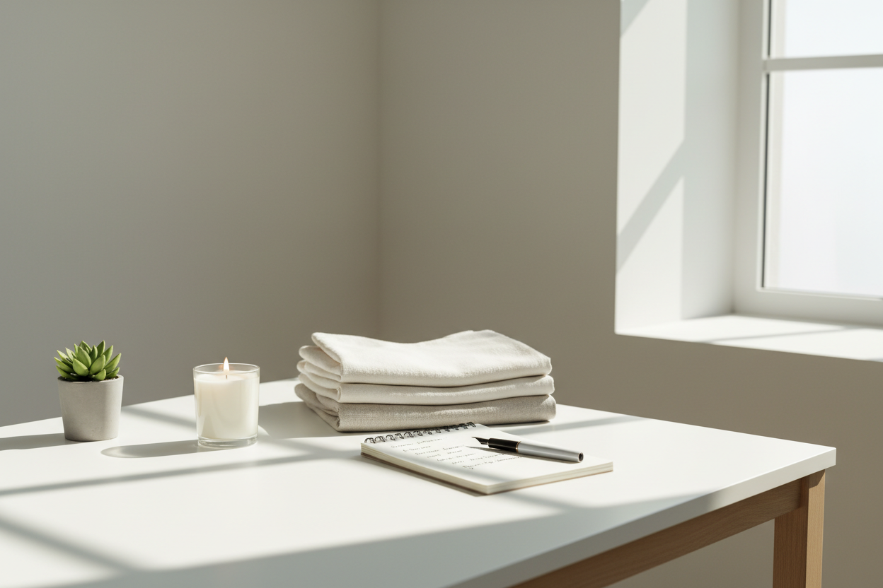 calm workspace with folded clothes, candle, and notebook on white table, soft shadows, minimalist aesthetic