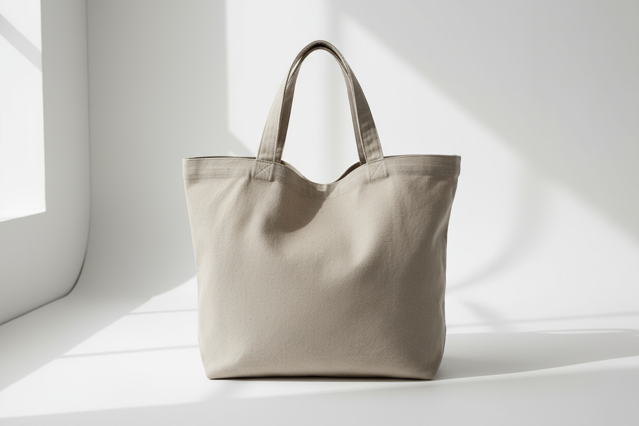 plain canvas tote bag on white background, soft natural light, minimal product photo, neutral beige tone, centered, no logo or text