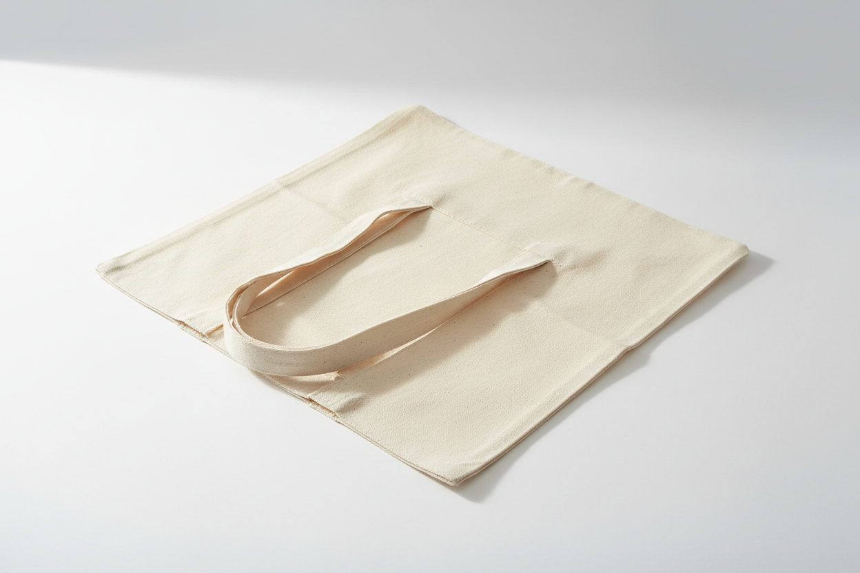 plain canvas tote bag on white background, soft natural light, minimal product photo, gentle shadow, photographed from above at a slight angle, no logo or text
