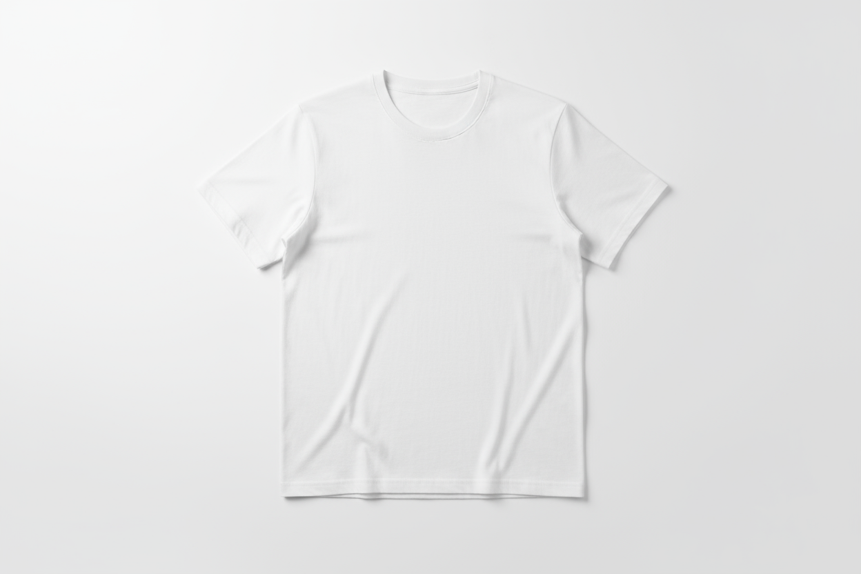Plain white T-shirt, front, on a neutral white background, soft studio lighting