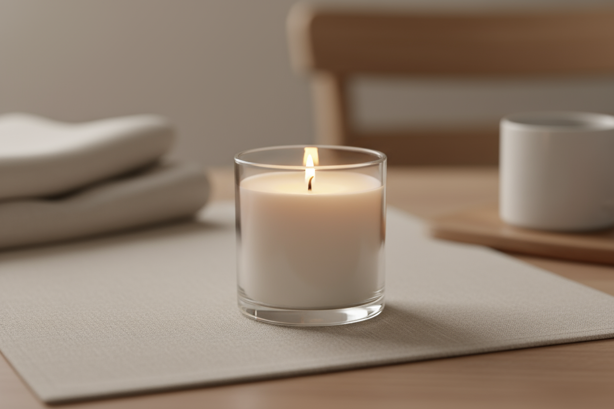 white scented candle in glass jar on beige surface, soft light, blurred background, simple home scene, no branding